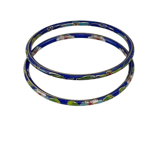 Vintage Cloisonné Enamel Bangles Set Of 2 Blue Floral Design Womens Jewelry - Picture 2 of 8